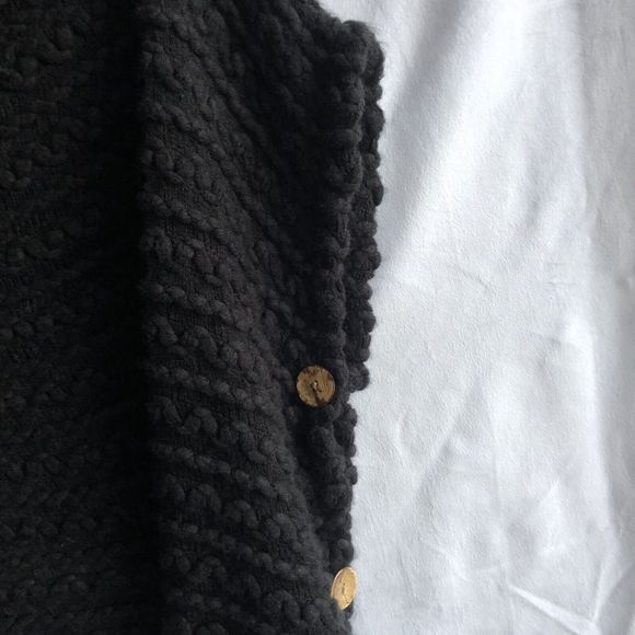 Love of Fashion LOF Black Sweater/Poncho, Cowl Neck Wooden Buttons, Loose Weave - Picture 2 of 8